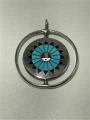 'F.L. Natachu' Zuni Inlay Turquoise Spinner Pendant 925 Silver 33.6g CJL049838